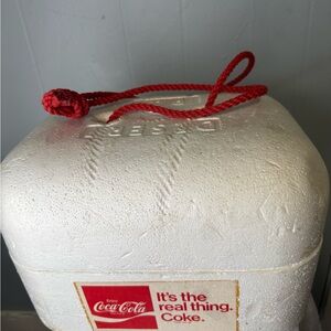 Vintage -Cola White styrofoam Cooler with five can koozies.